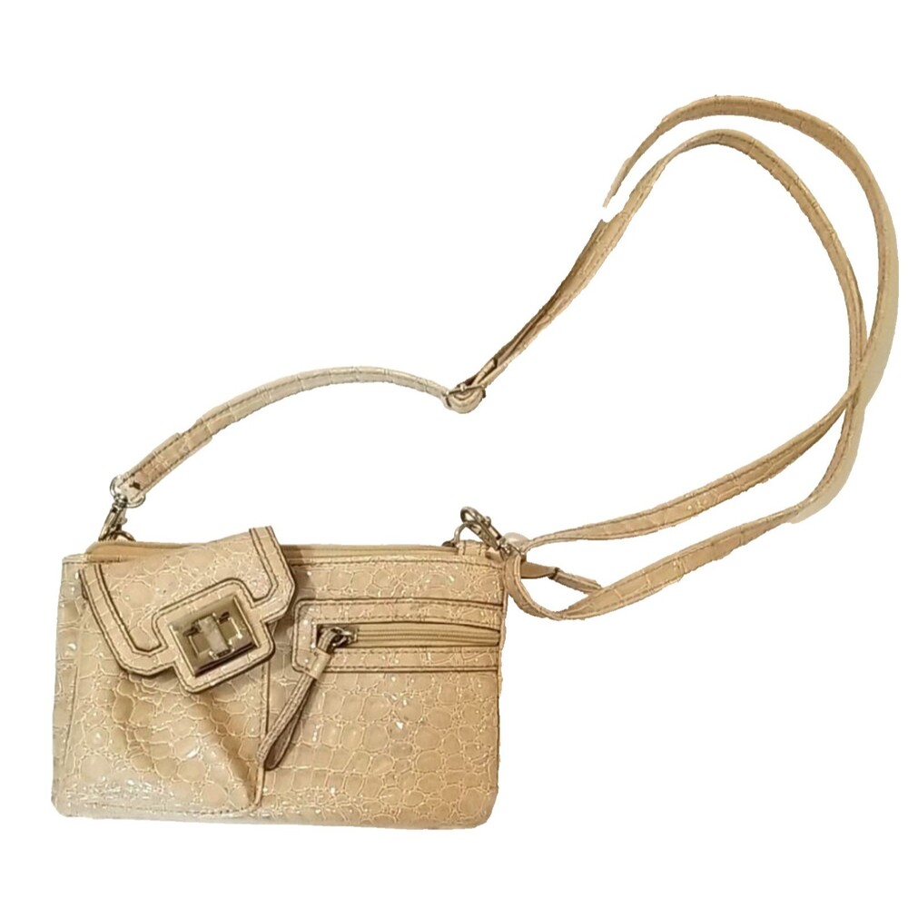 Cream Patent Crossbody Bag Small Minimalist Multi Pocket Shoulder Purse Neutral - Picture 2 of 5